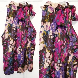 Floral top with bow, high neck